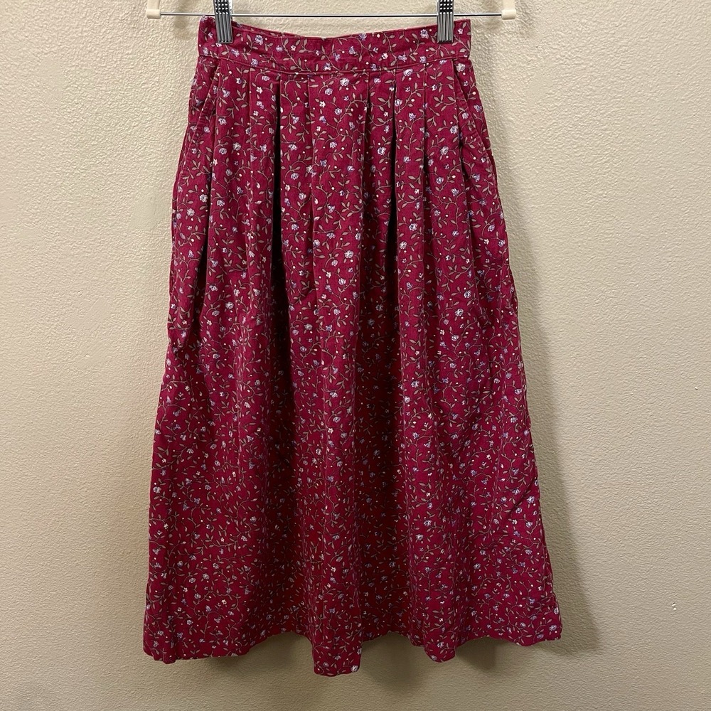 VTG‎ Carrol Reed Floral Corduroy Skirt Fuchsia Pockets Modest Cottage Sz 8 READ